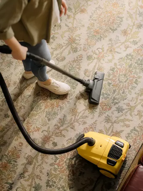 Homeowner vacuums the rug in her living room.