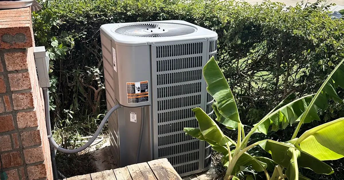 An outside AC unit in the summer sun.