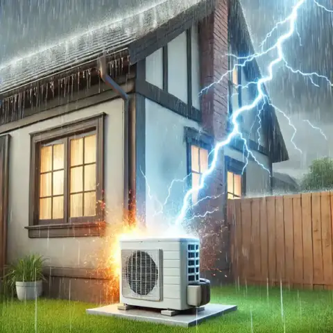 Bolt of lightning fries an air conditioner, causing it to spark and flame.