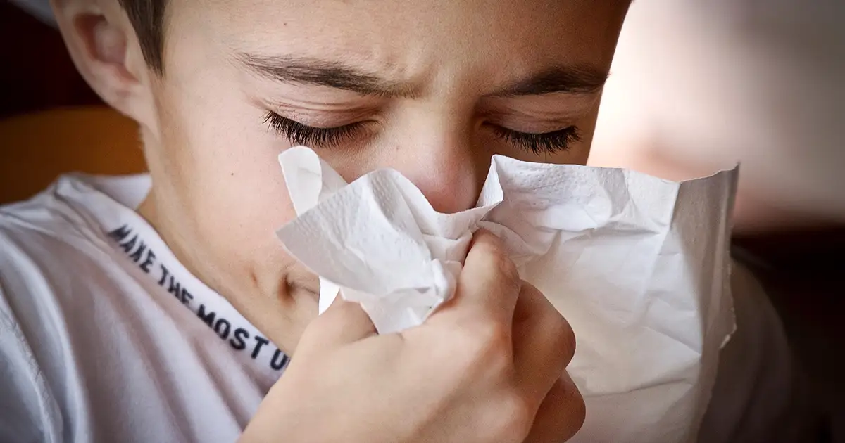 A young boy blows his nose as he suffers from allergies.