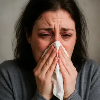 A woman blowing her nose, miserable because of spring alleries.