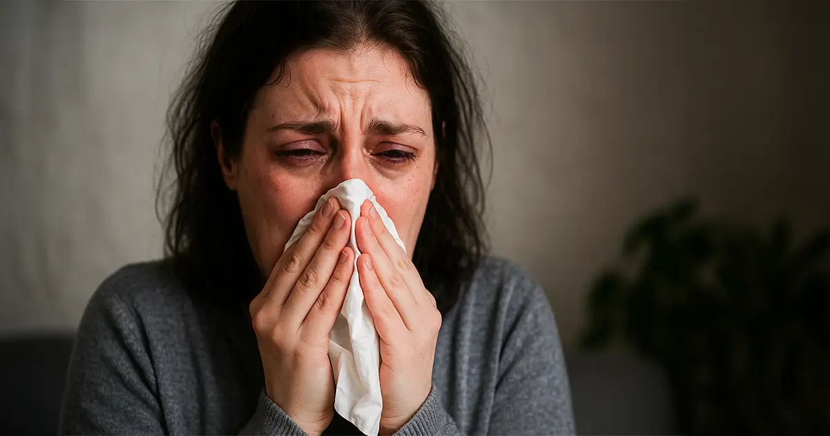 A woman blowing her nose, miserable because of spring alleries.