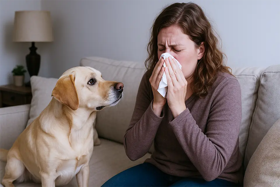 A woman who is allergic to allergens her dog brought into the house from outside.