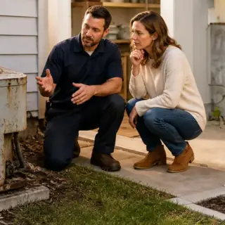 An HVAC technician explains to a woman her options to get her AC back online