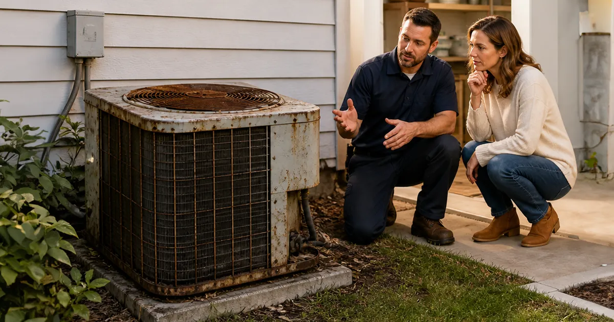An HVAC technician explains to a woman her options to get her AC back online