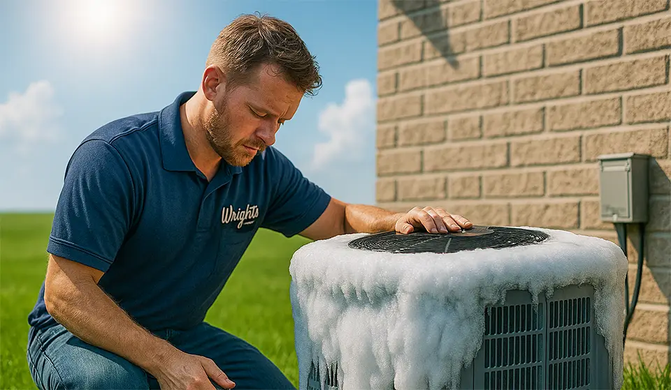A technician from Wright's Air begins to repair a comically frozen AC.