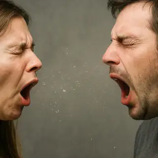 A man and a woman sneeze on each other, as germs transfer.