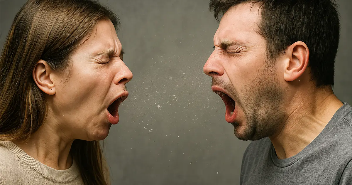 A man and a woman sneeze on each other, as germs transfer.