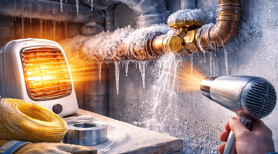 Heating frozen plumbing with a hair dryer to try to salvage the pipe.