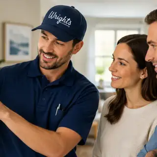 A technician from Wright's Air explains the 20 degree rule to a couple.
