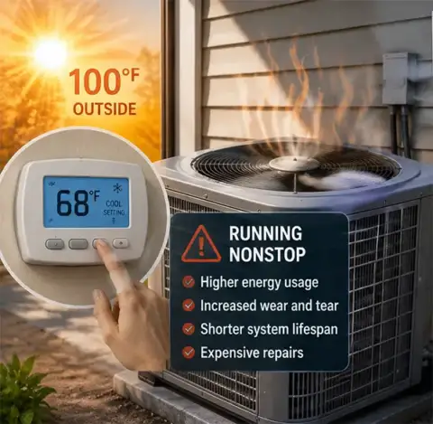 An AC struggles to cool the house because owner is not respecting the 20 degree rule.