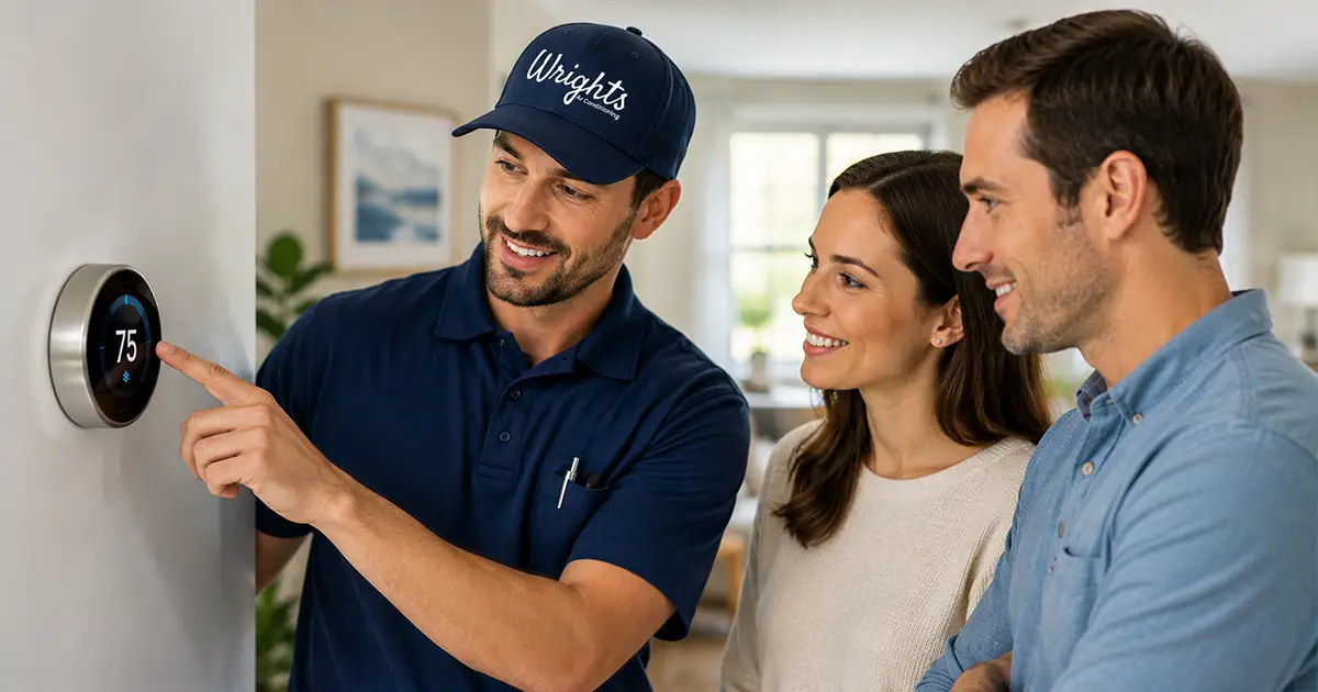 A technician from Wright's Air explains the 20 degree rule to a couple.