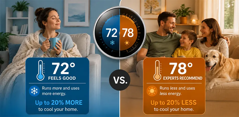 Thermostat comparison showing 72°F feels good but uses more energy versus 78°F experts recommend for efficient cooling