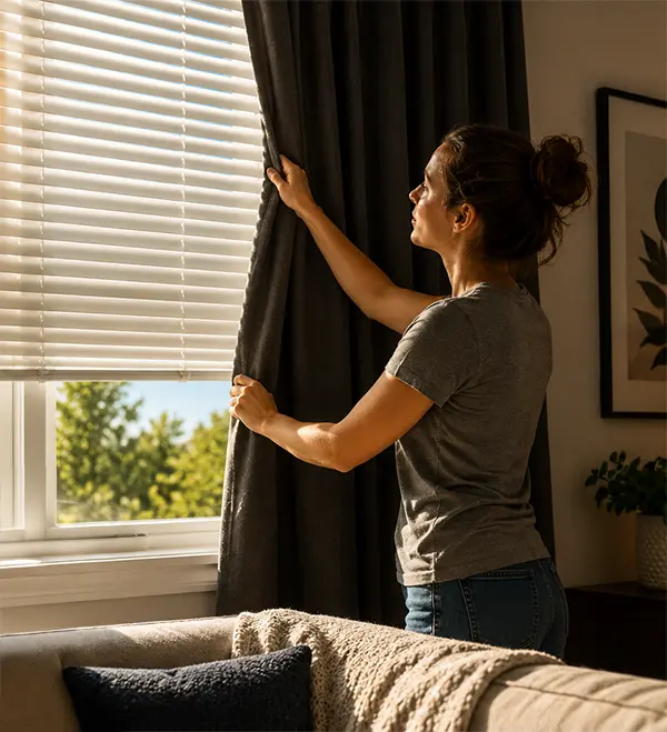 Woman adjusting dark curtains beside a window with blinds, demonstrating home cooling and temperature control strategies.