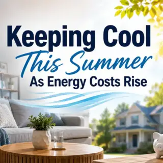 Modern living room with split AC unit cooling the space, thermostat showing 78°F, piggy bank and house model on table